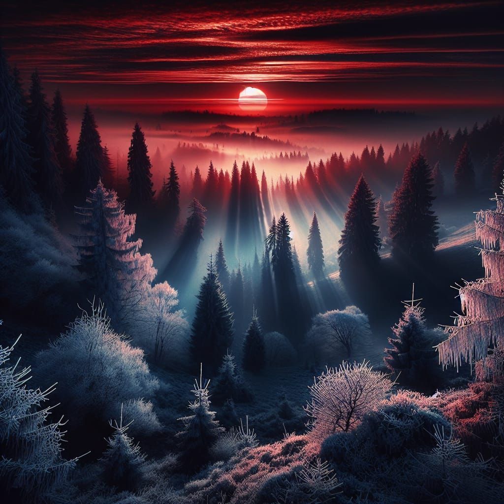 Frosty Winter Valley Sunset: Digital Matte Painting