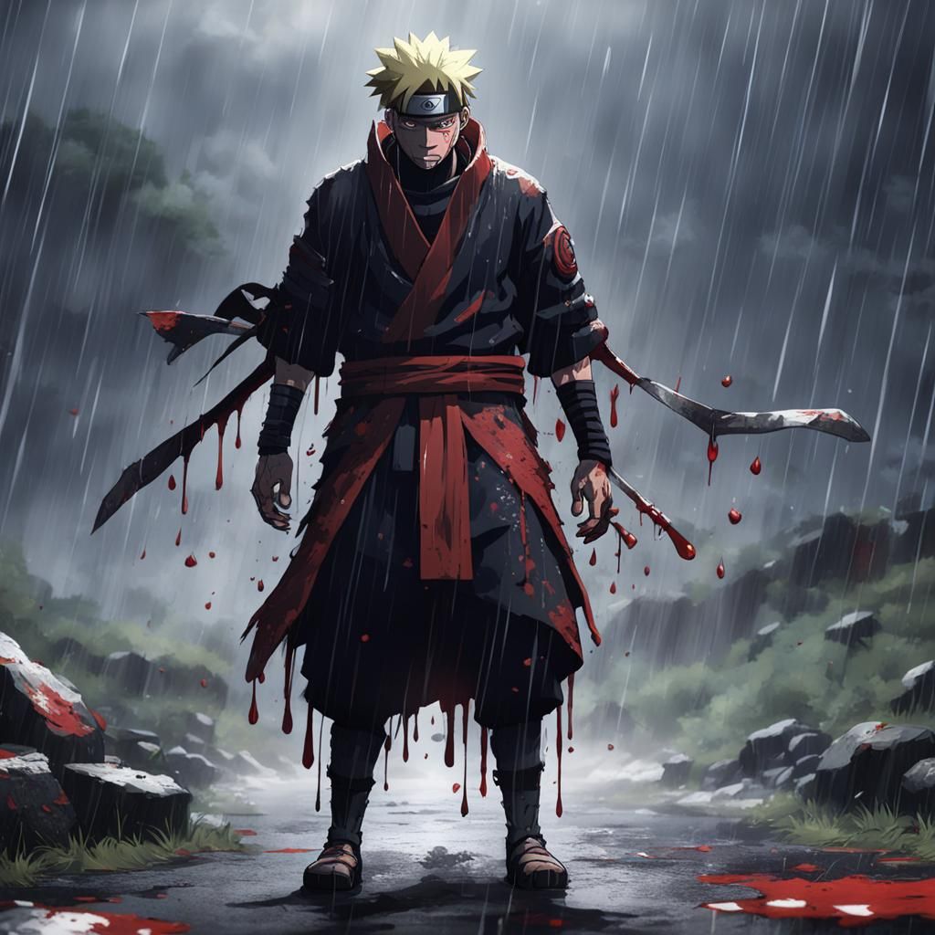 Naruto in a Dark, Rain-Soaked Battlefield