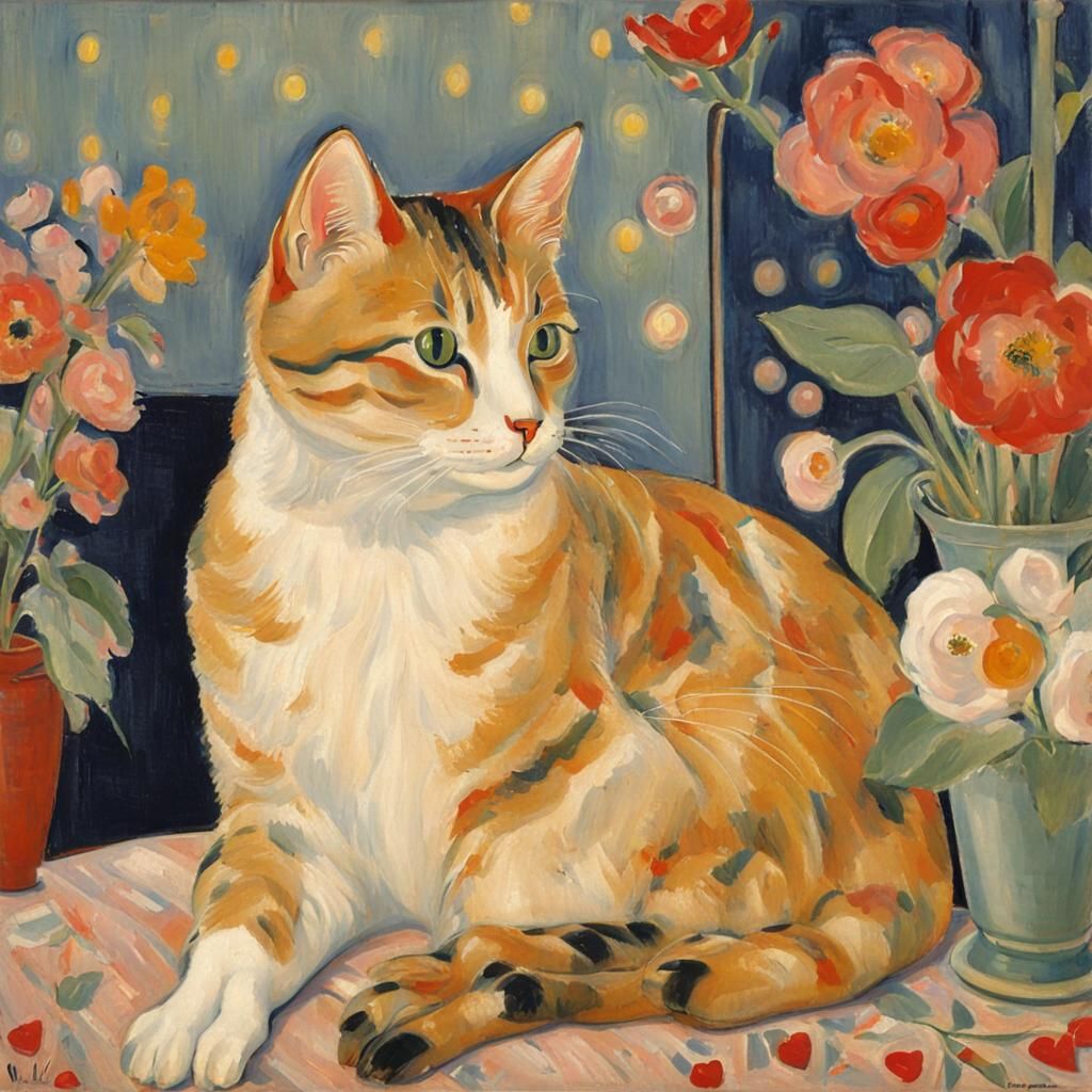 Cat Surrounded by Flowers in Modernist Style