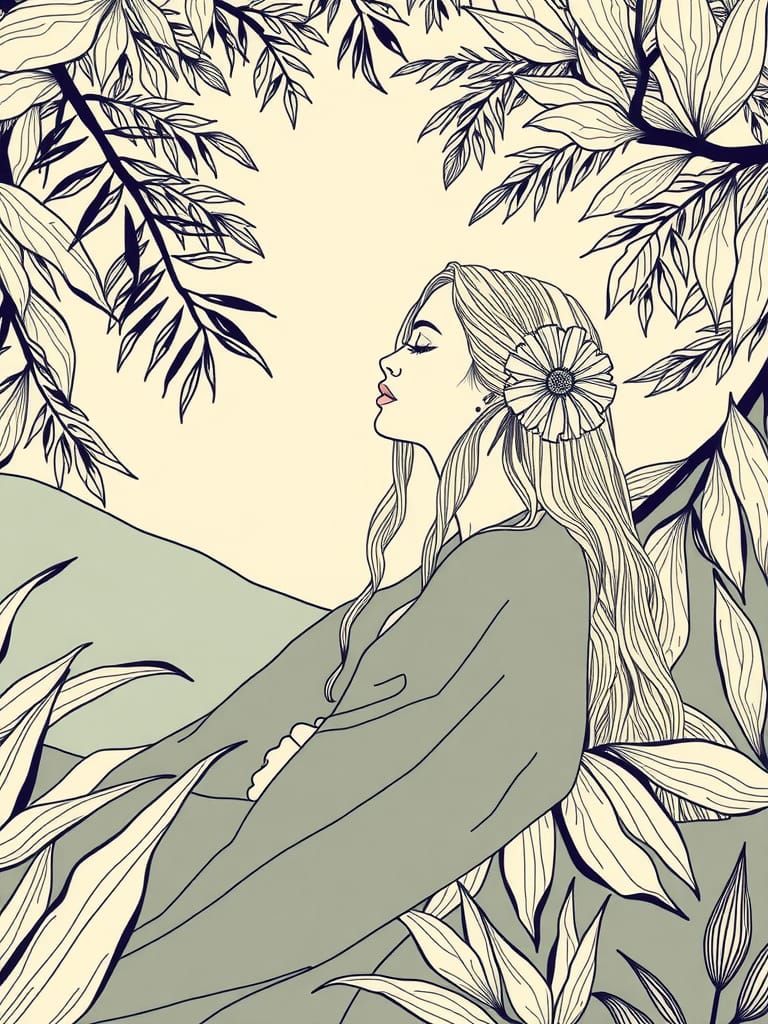 Serene Woman in Minimalist Line Art Nature