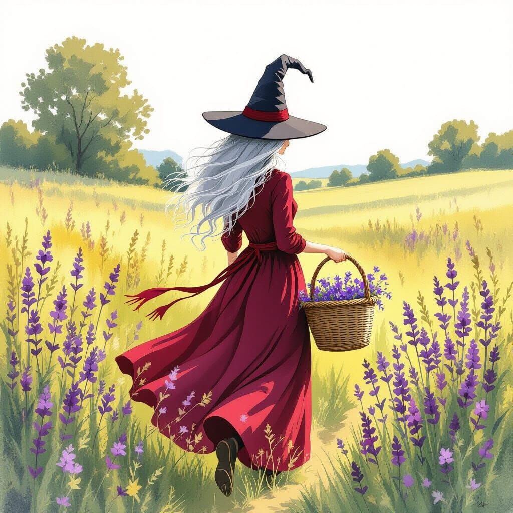 Whimsical Witch Picking Wildflowers in Sunlit Field
