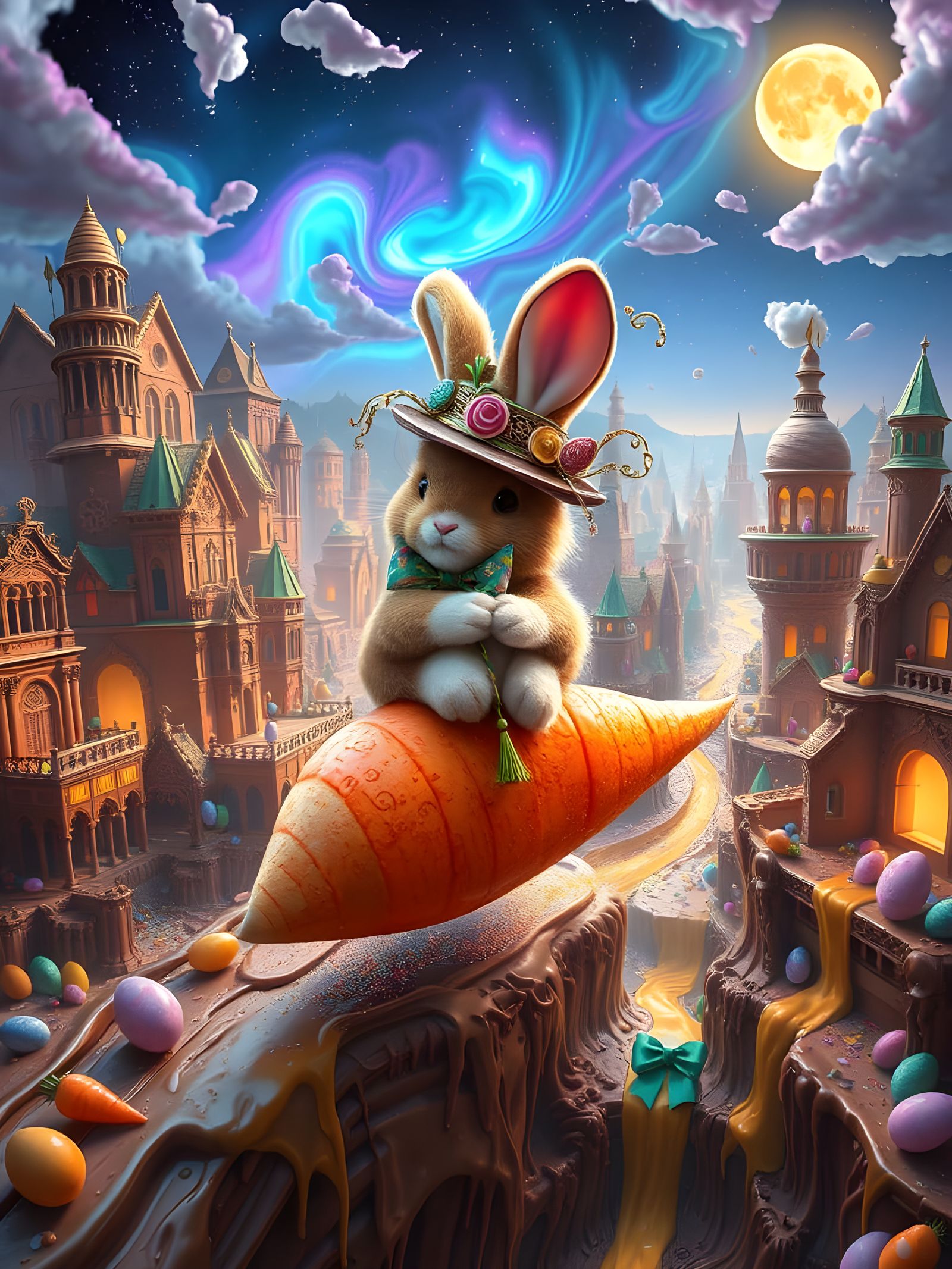 Surreal Whimsigoth Chocolate Cityscape with Easter Bunny