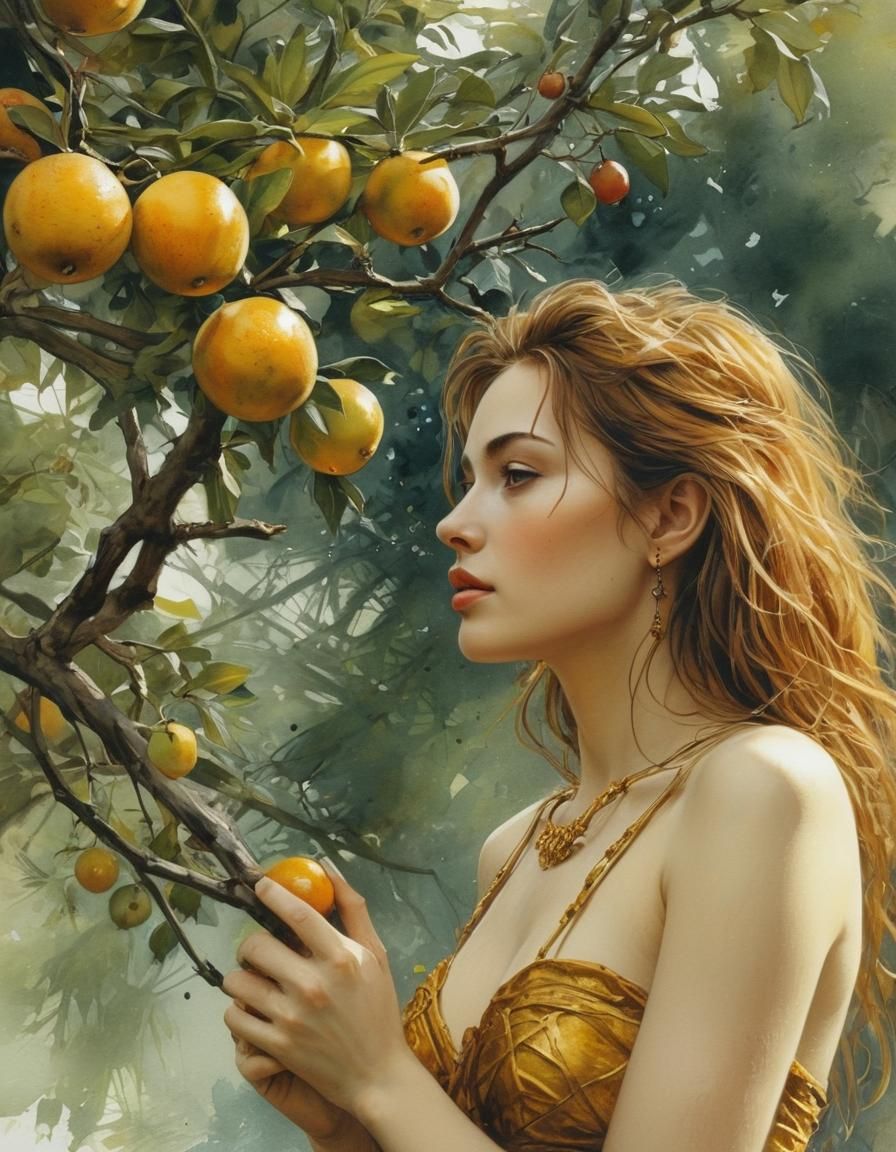 Golden Fruit and Woman, Watercolor Double Exposure