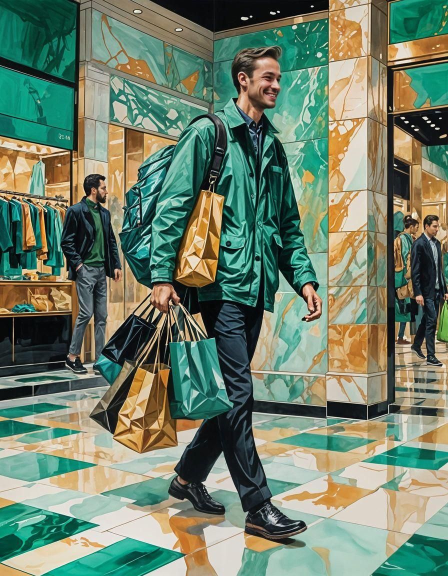Person Carries Shopping Bags: Detailed Gouache Painting