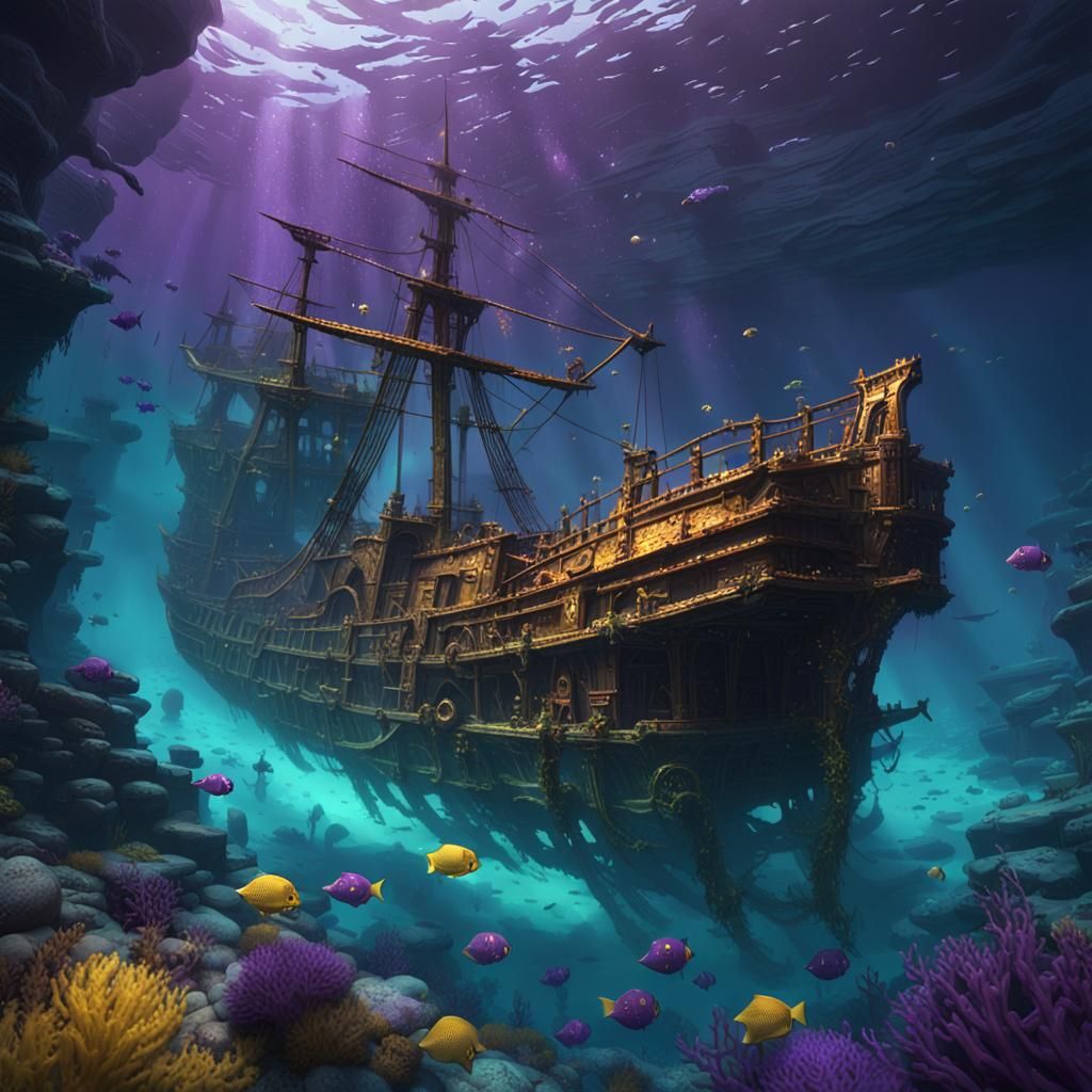 Underwater Shipwreck in Dark Fantasy Style