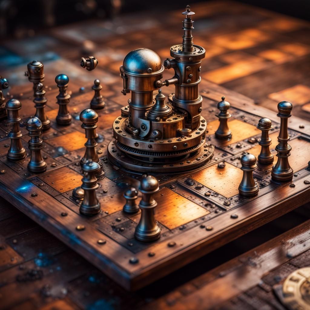 Steampunk Chessboard in Space: Hyperrealistic Concept Art