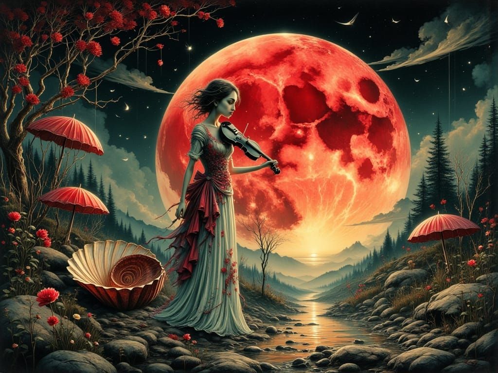 Victorian Woman, Violin, Red Moon, Nautilus Shell