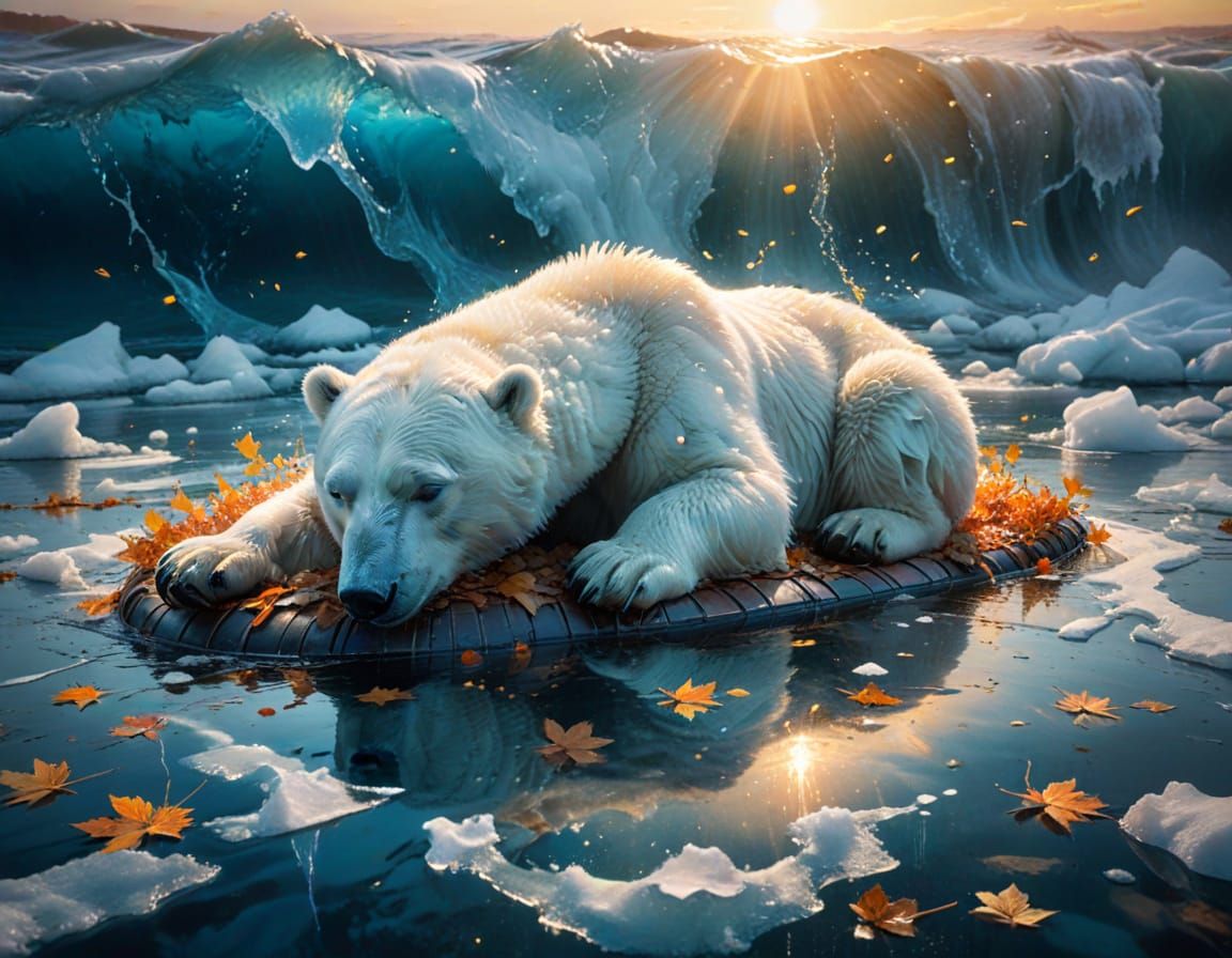 Polar Bear Dozing on Ice Raft in Watercolor Style