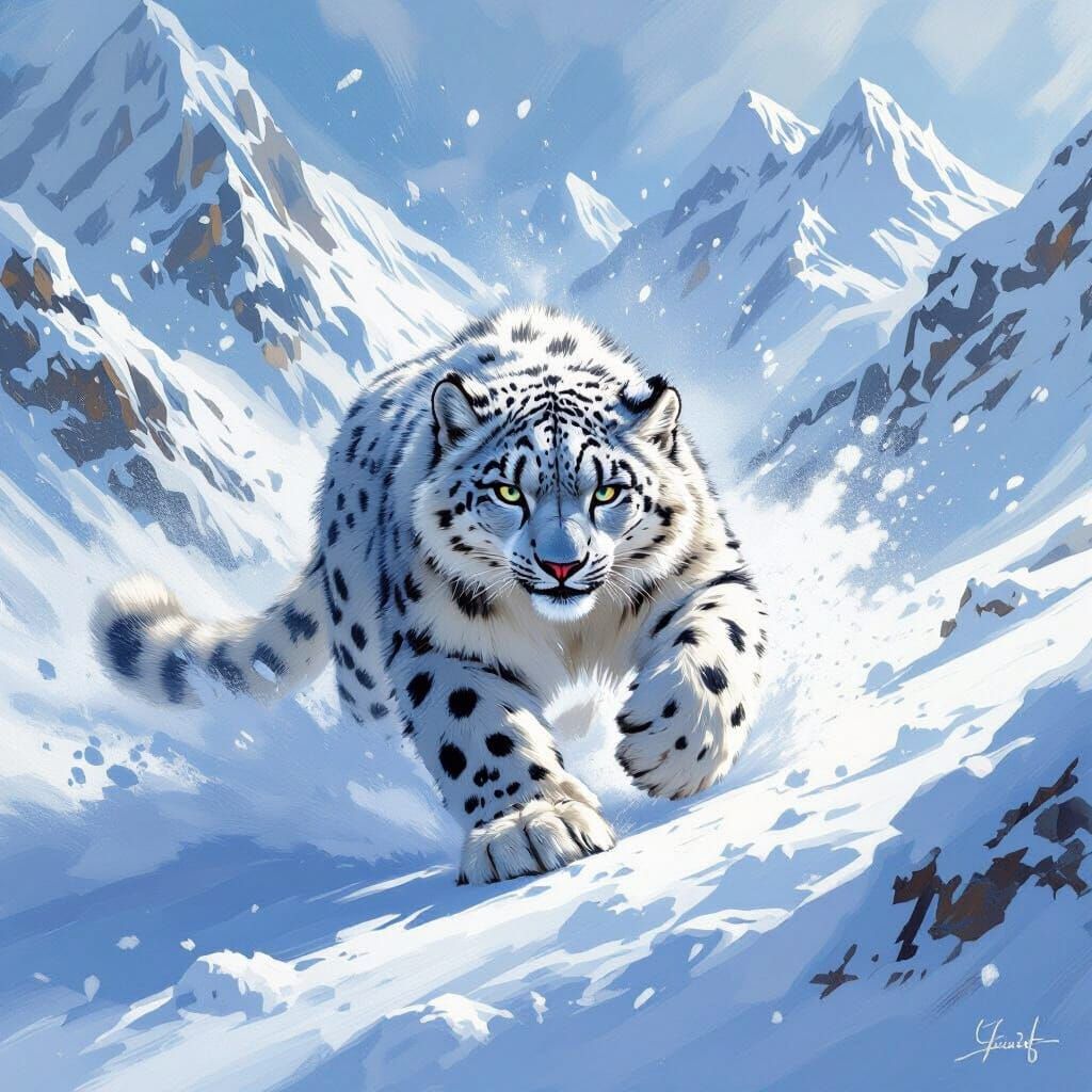 Snow Leopard Pouncing in Snowy Mountains