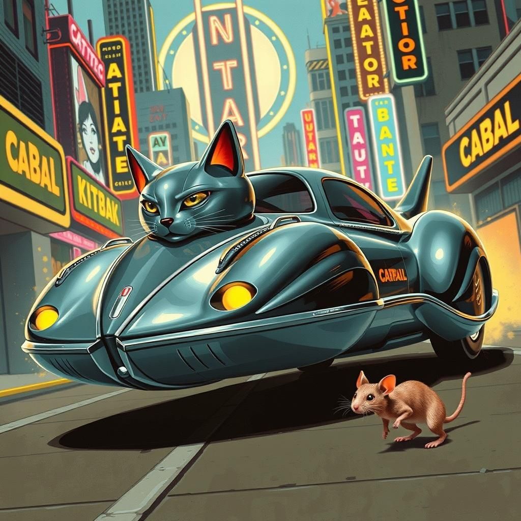 Retro Cat-Car Pouncing on Mouse, 1970s Style