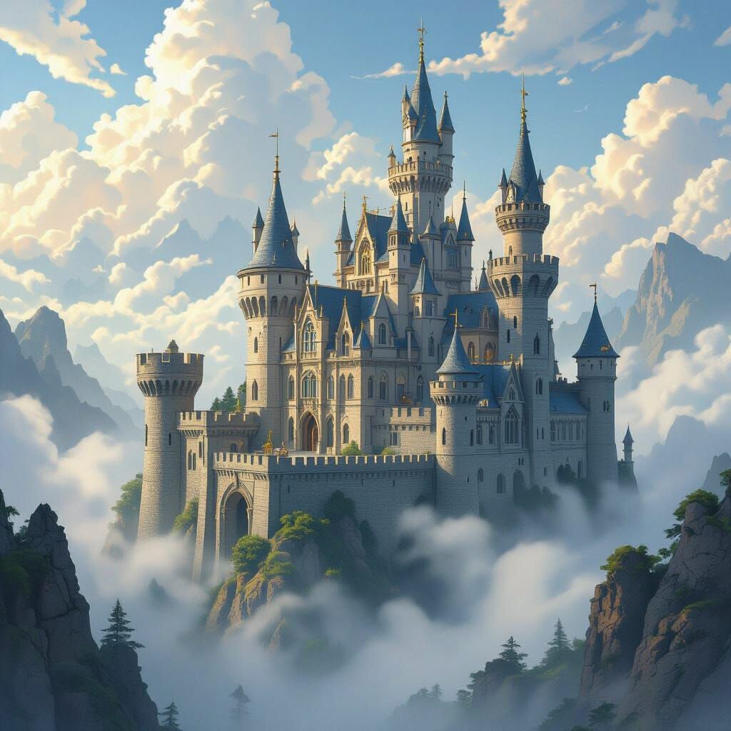 Majestic Castle Soaring Through Misty Skies