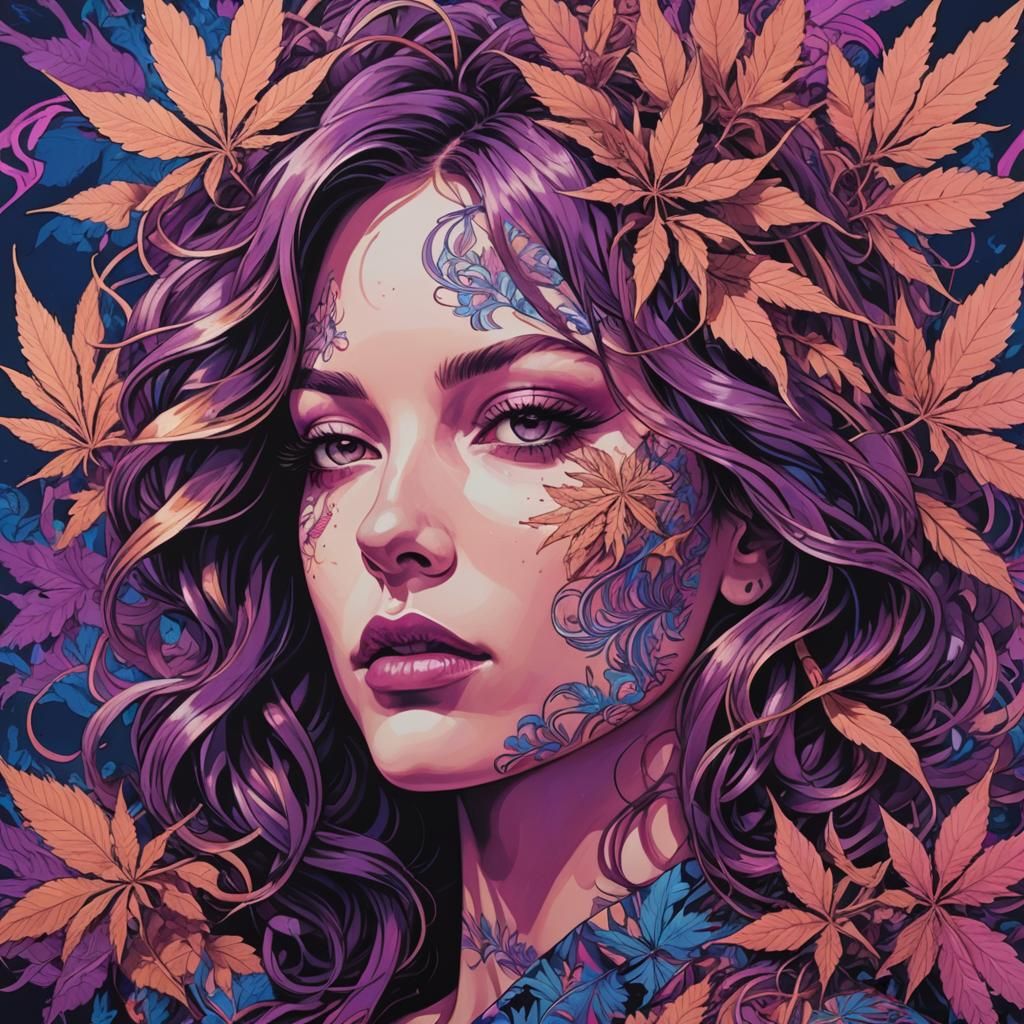 Psychedelic Marijuana Leaf Pattern on Woman's Face