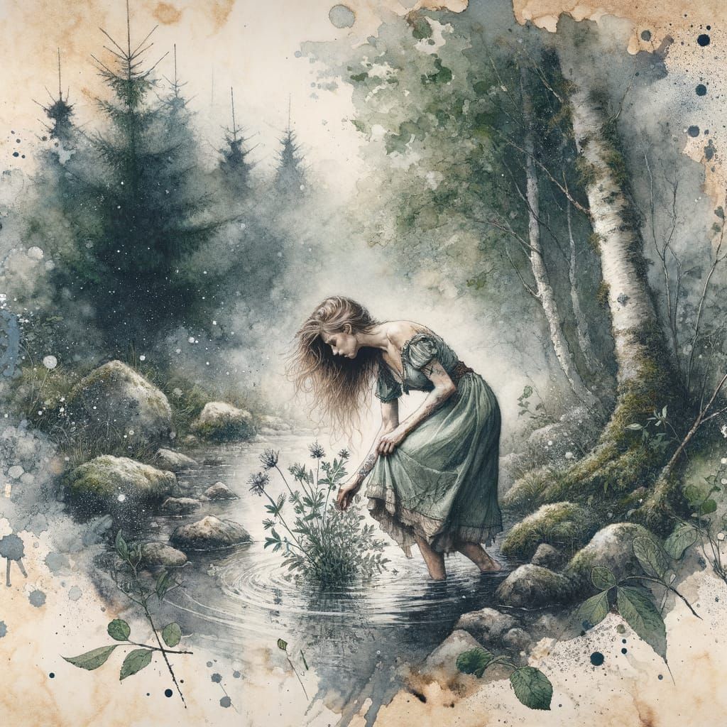 Mystical Goddess of Healing in Watercolor Ink Splatter