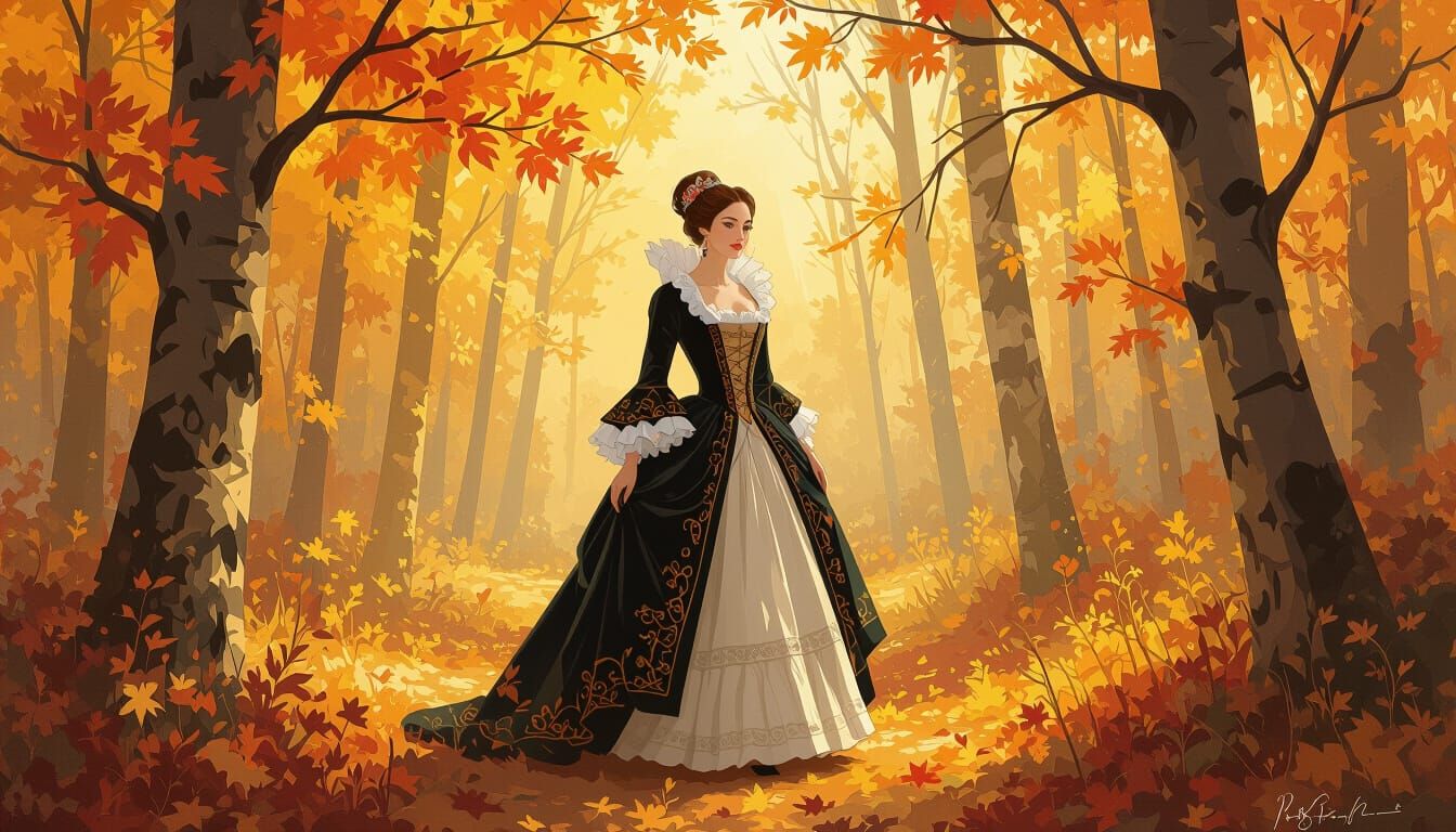 Baroque Woman in Autumn Forest