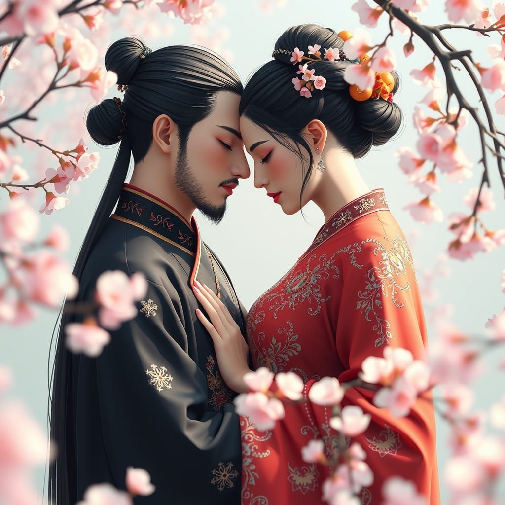Romantic Couple Surrounded by Cherry Blossoms in 3D Anime St...