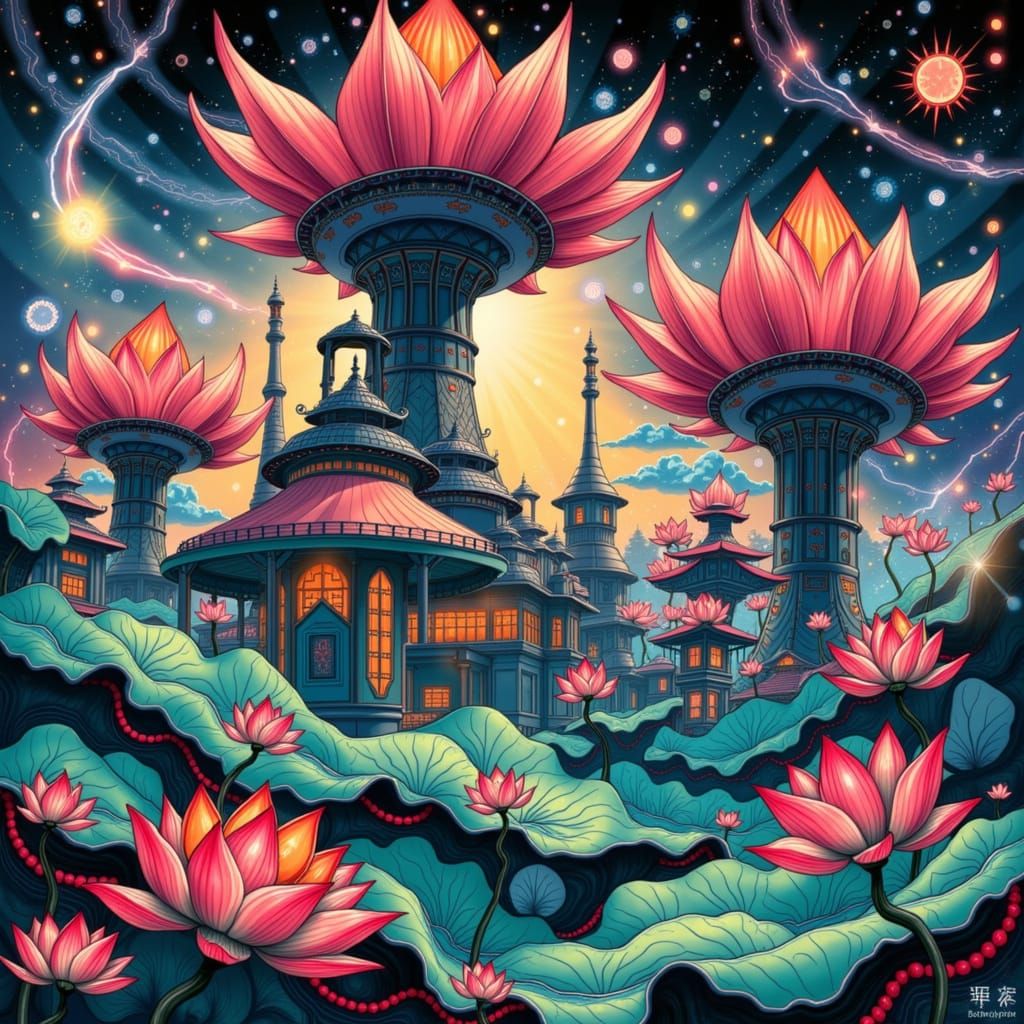 Cyberpunk Lotus Cityscape in Bold Neon Hues