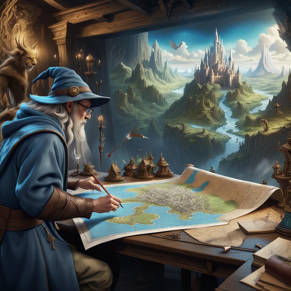 Cartographer-Wizard Drawing a Map of a Fantasy Realm