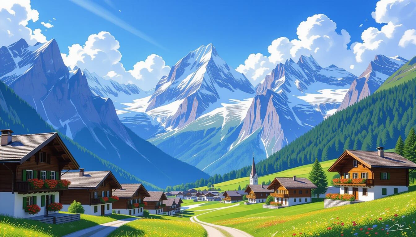 Majestic Swiss Alps Village Panorama in Luminous Light