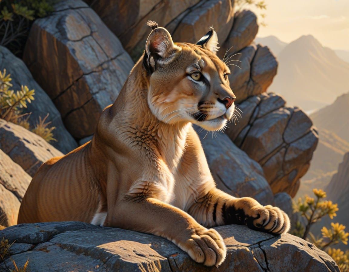 Puma on Rocky Outcropping in Vibrant Oil Painting Style