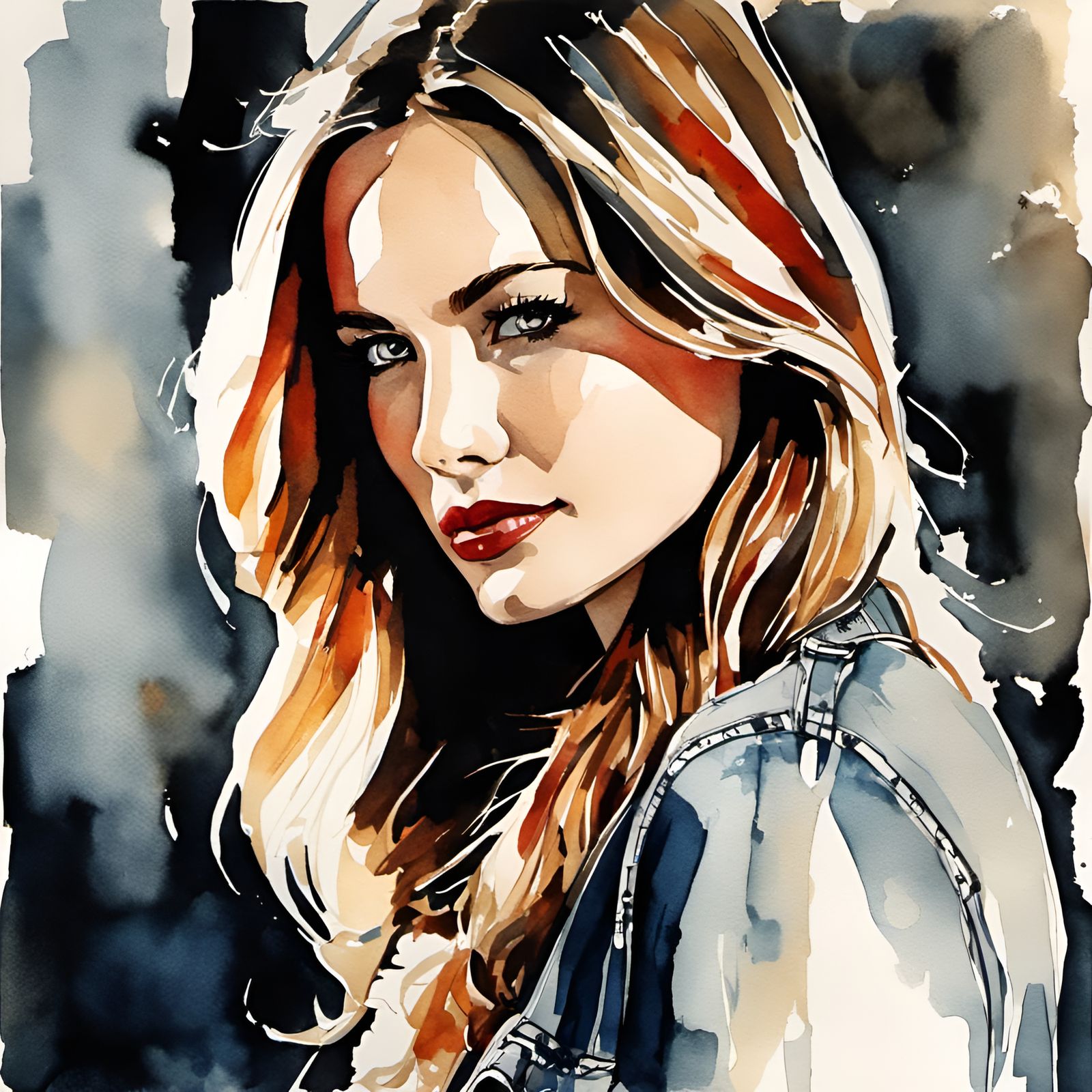 Watercolor Portrait of Woman with Ink Outlines