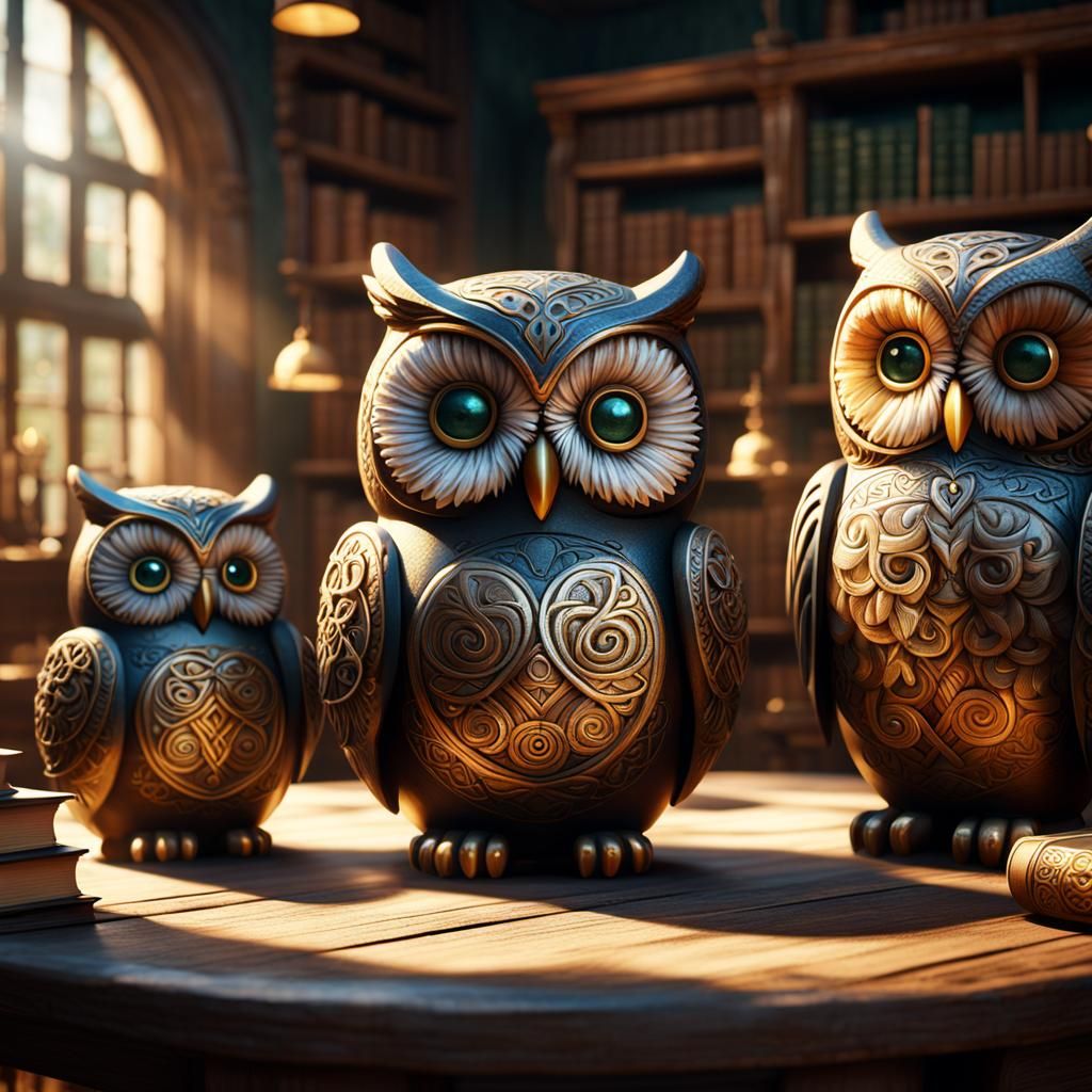 Celtic Owl Dolls in Rustic Library, Digital Art