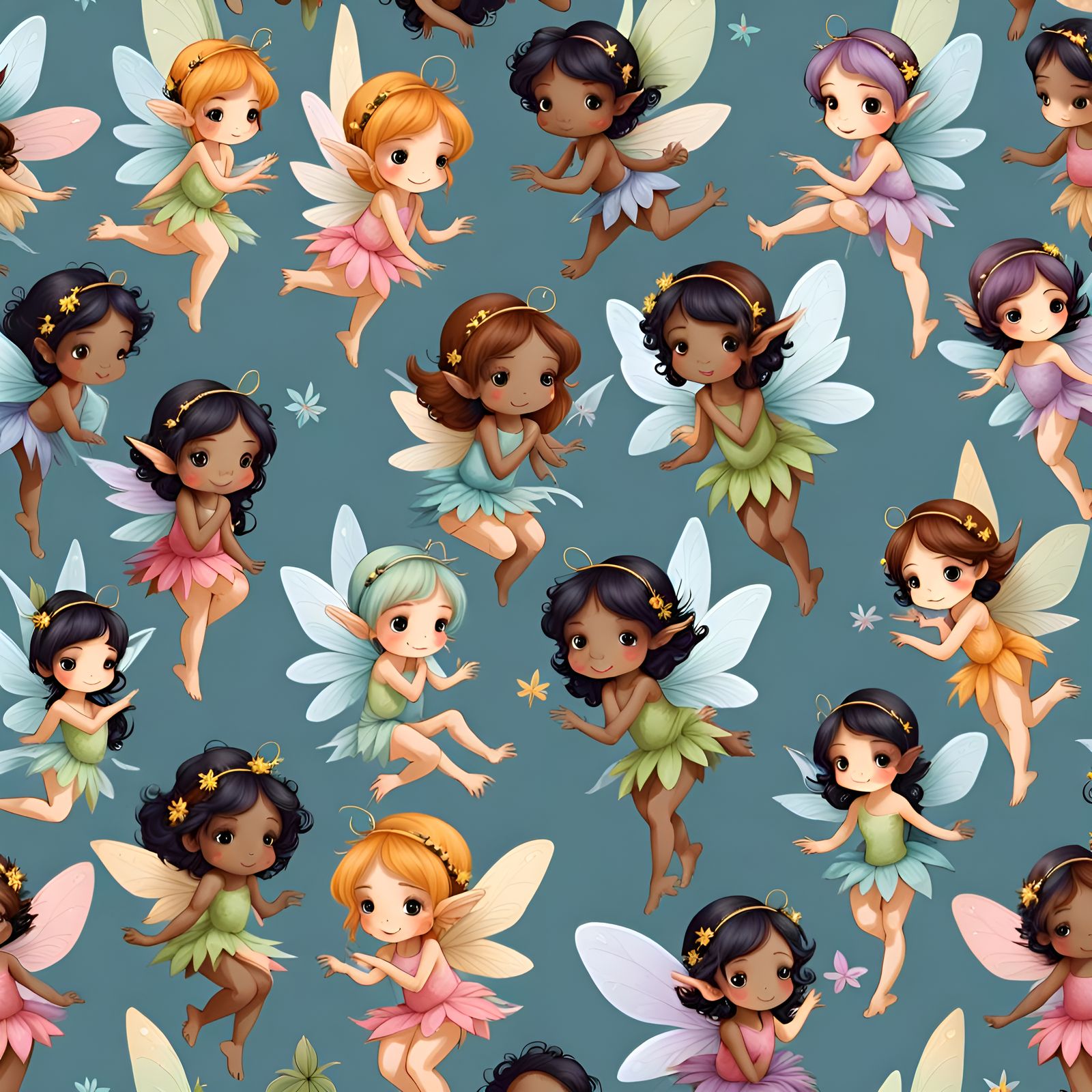 Pattern of very cute fairies of different races and in different positions separated from one another.