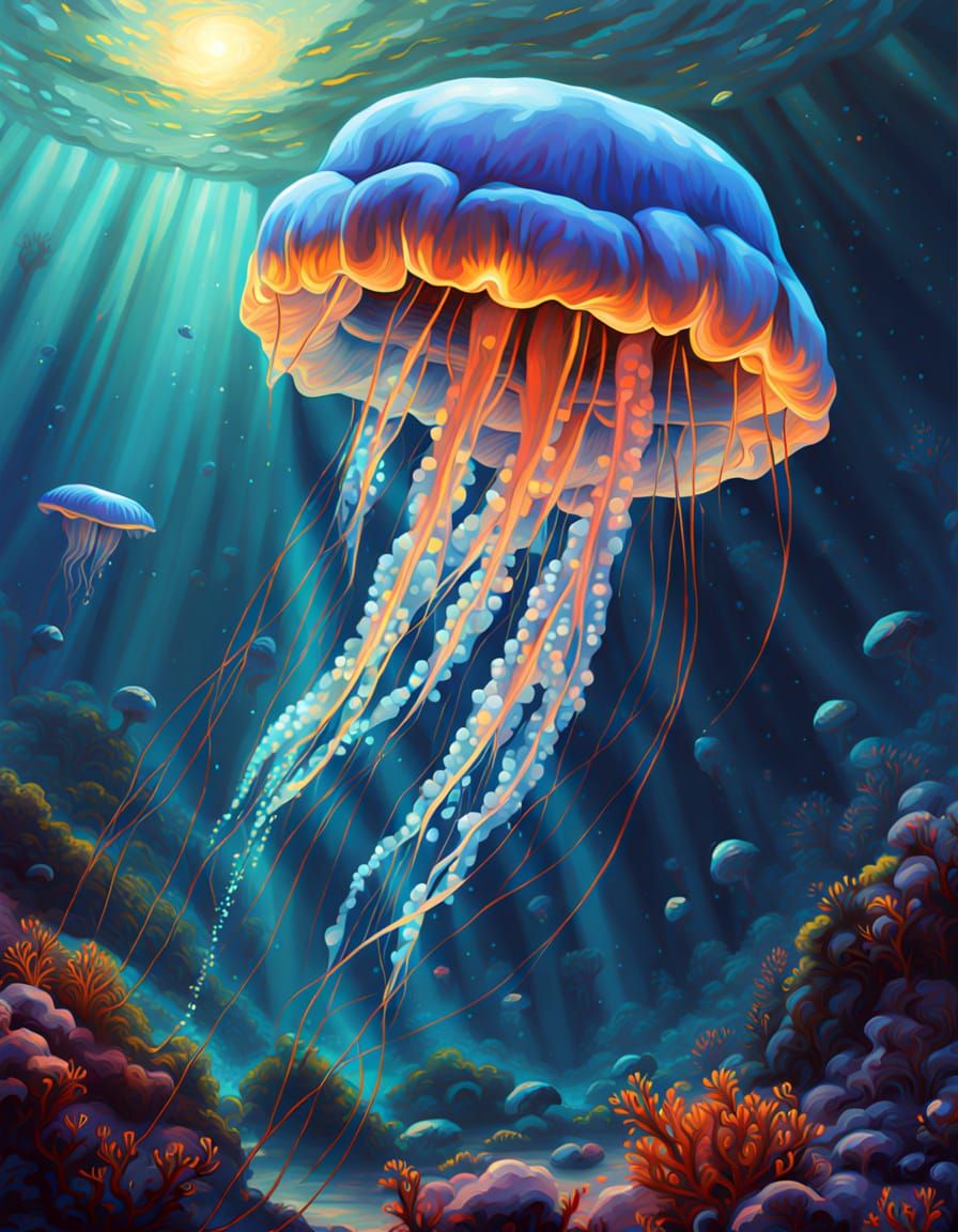 Bioluminescent Jellyfish Drifting Through Alien Coral Reef