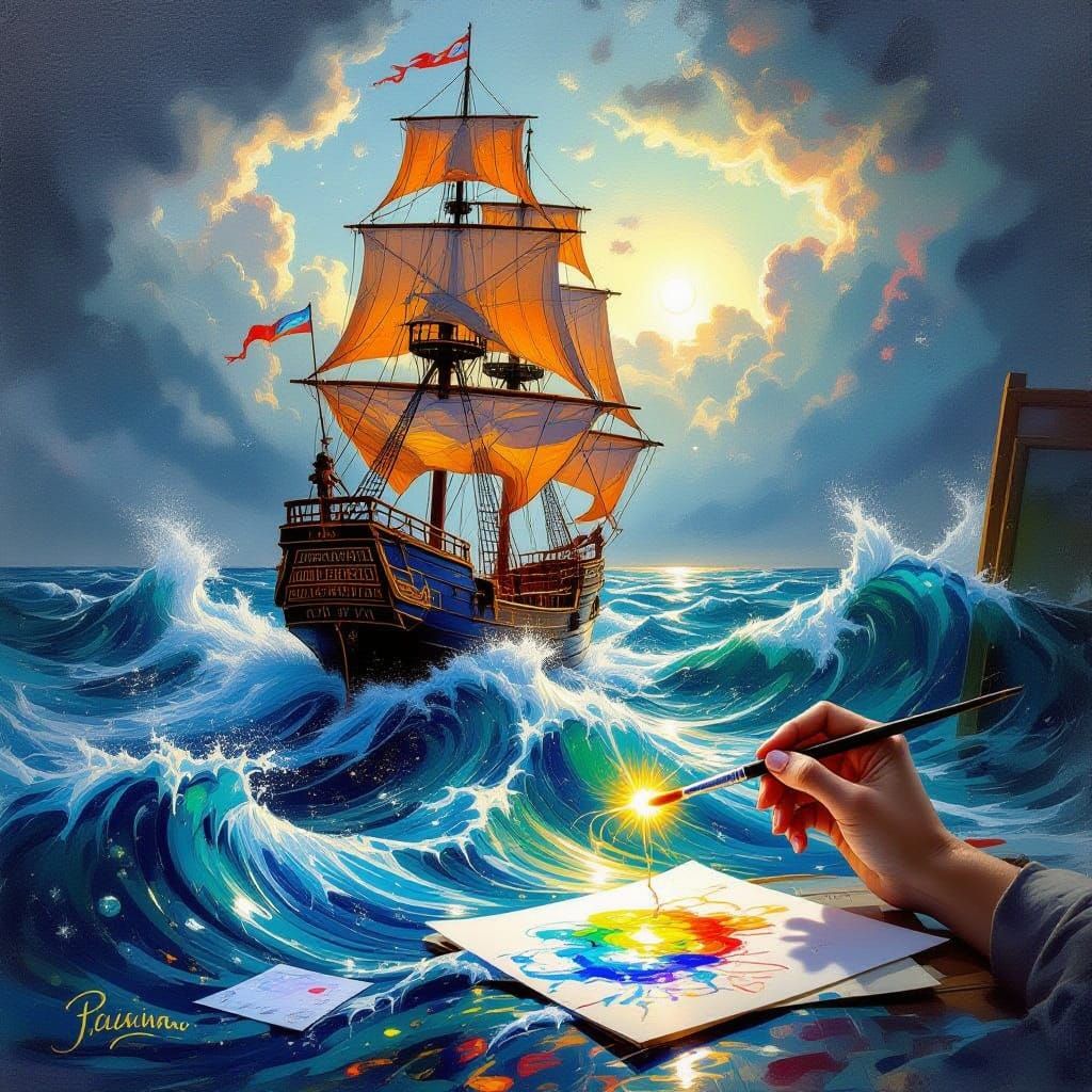 Surreal Ship Painting Battling Waves in Artist Studio