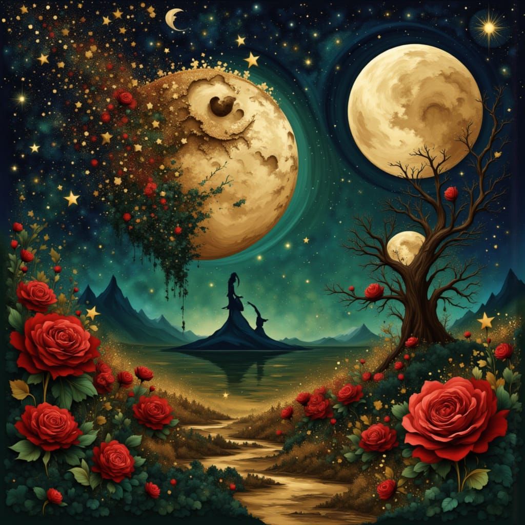 Demon Fox with Marble Tail Amidst Roses and Stars