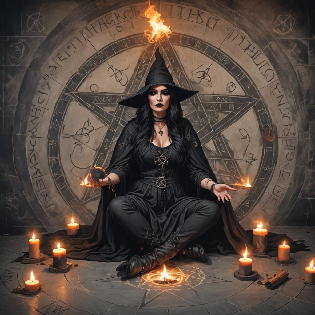 Voluptuous Witch in Dark Ritual Chamber