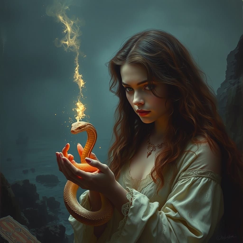 Mysterious Mermaid Holds Shimmering Golden Snake in Harmony