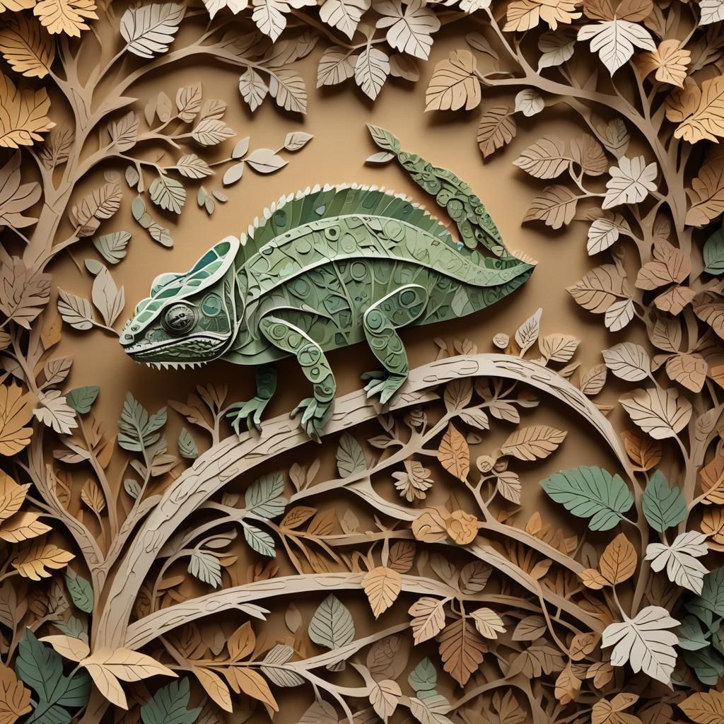 Paper Chameleon: Intricate Collage Art in Earth Tones