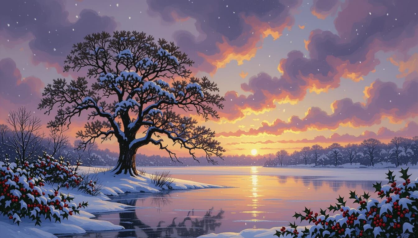 Winter Oak Tree by Frozen Lake, Impasto Oil Painting