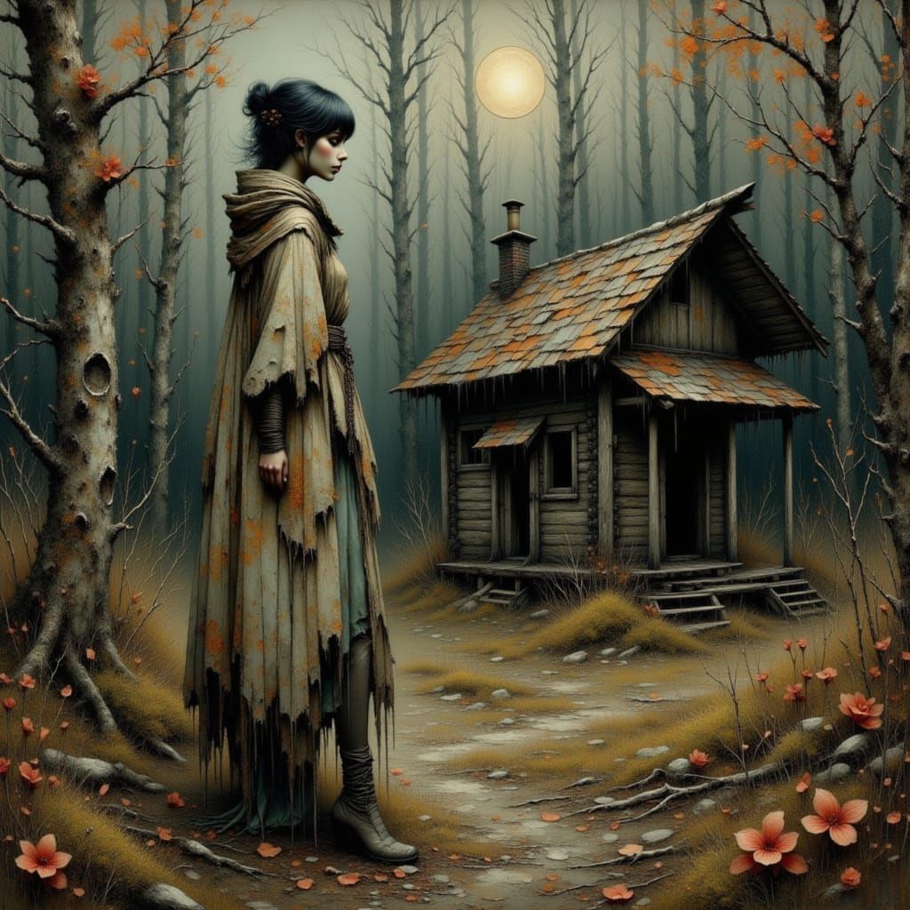 Ethereal Woman in Decaying Woodland Landscape