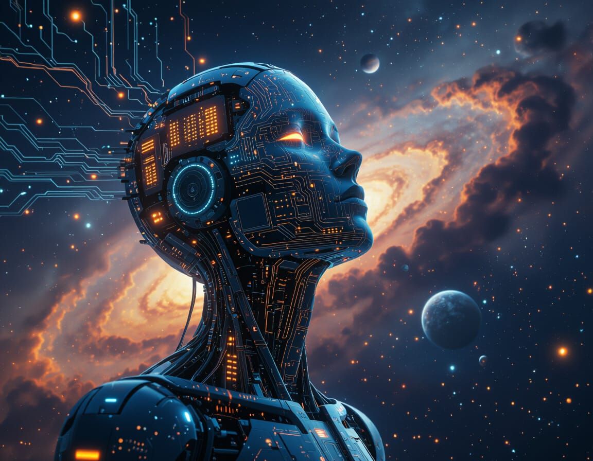 Futuristic Humanoid Gazes into Cosmos in Sci-Fi Style