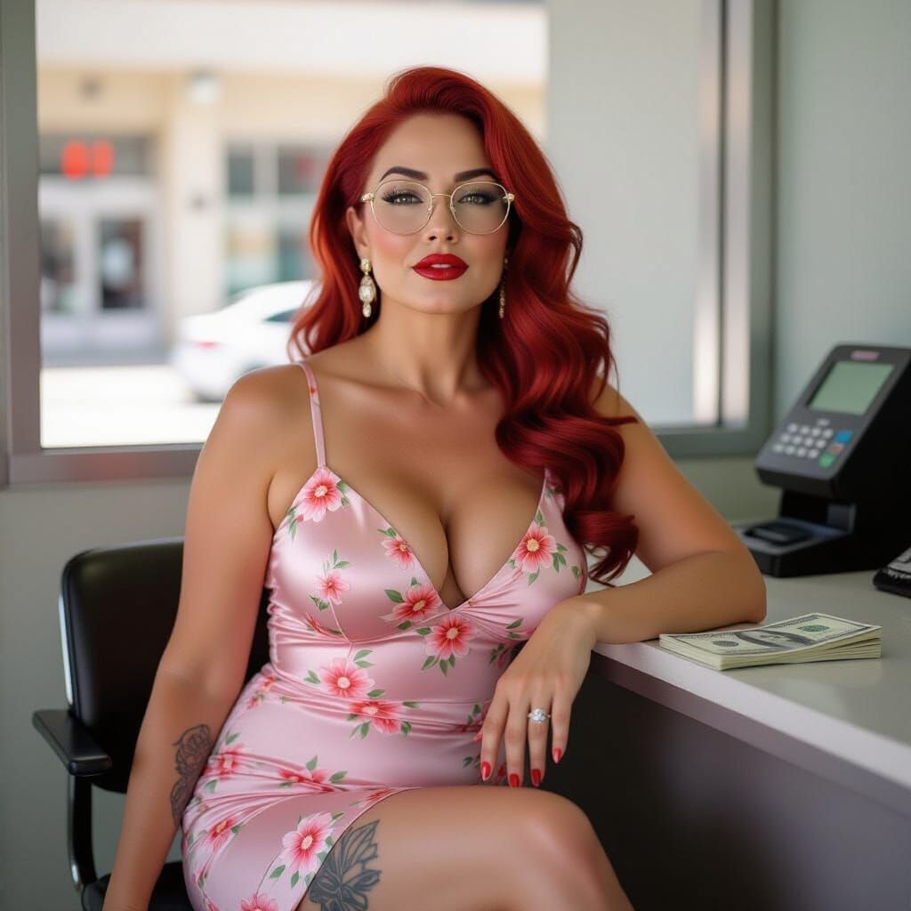 Redhead Pin-Up Woman at Bank Counter in Art Nouveau Style