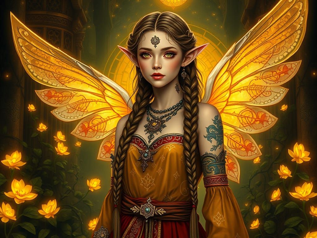 Fantasy Angel in Golden Pointillism Style