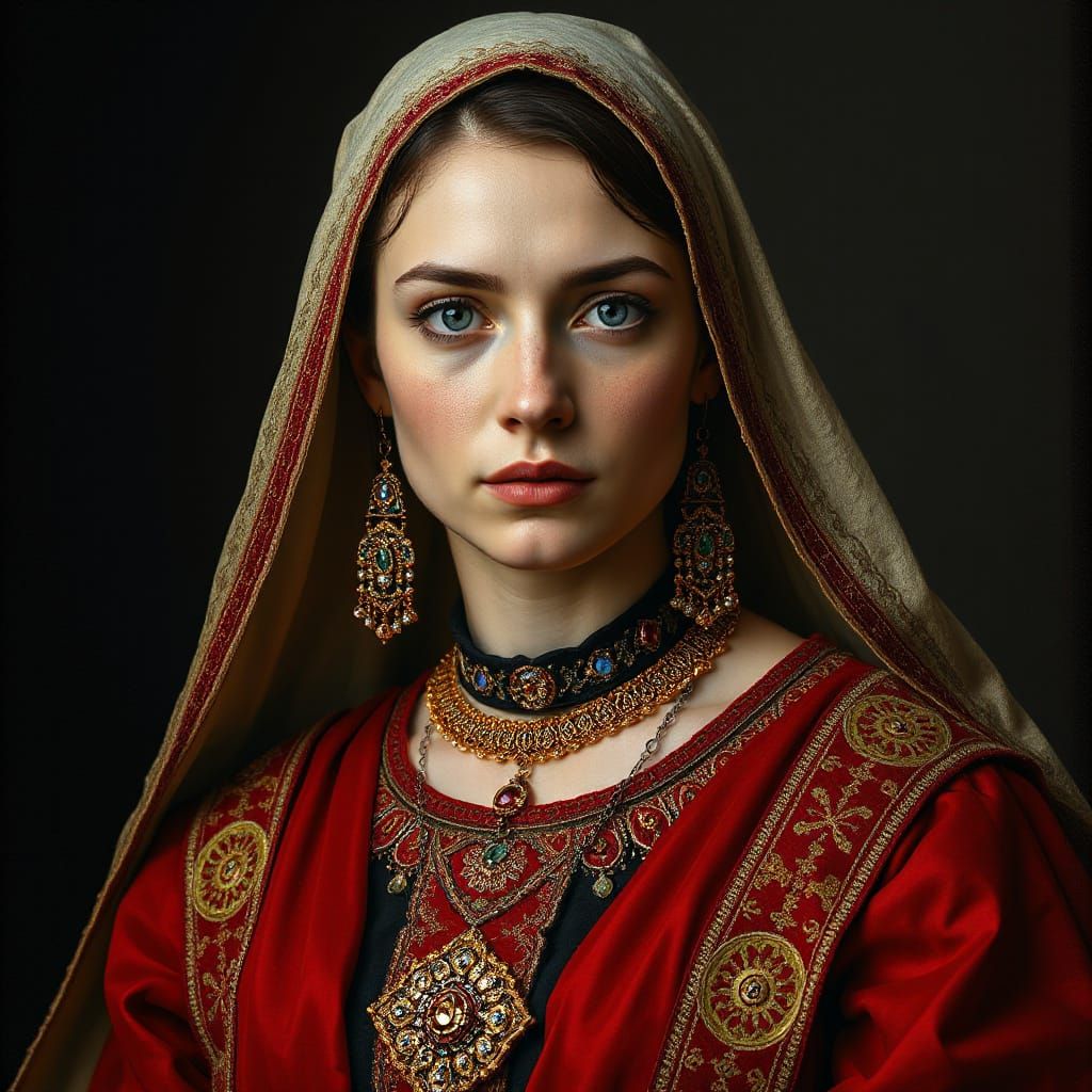 Turkmen Woman in Red Dress, Hyperrealistic Style