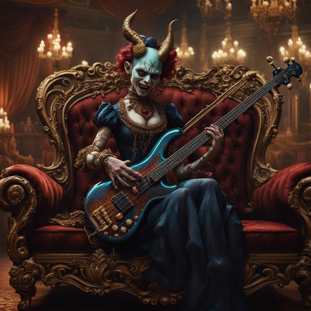 Demoness Plays Bass on Victorian Couch: Detailed Digital Art