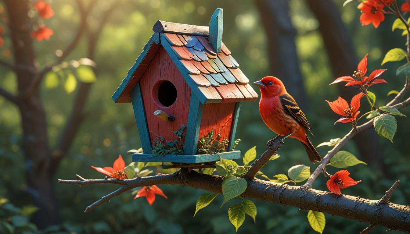 Scarlet Tanager on Whimsical Birdhouse in Hyperreal CGI