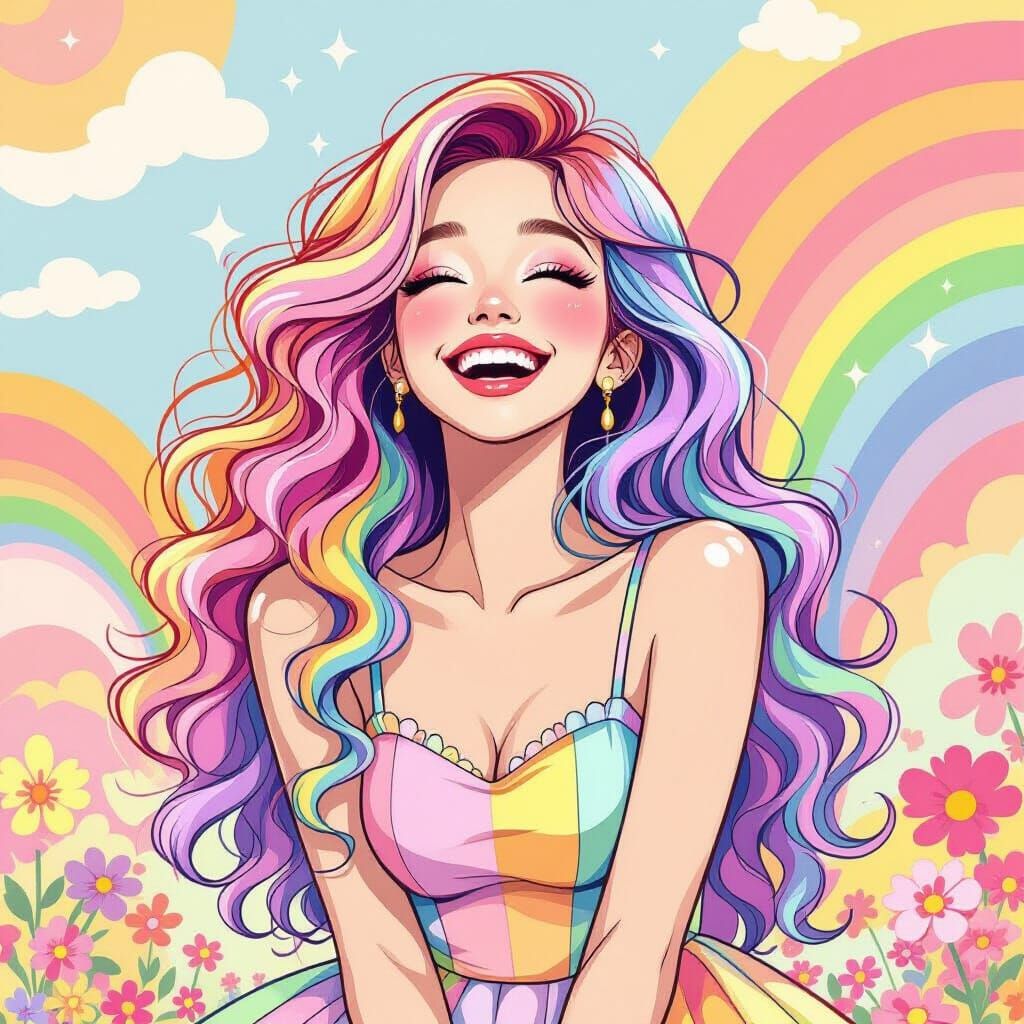 Young Woman with Rainbow Hair Giggling in Whimsical Setting