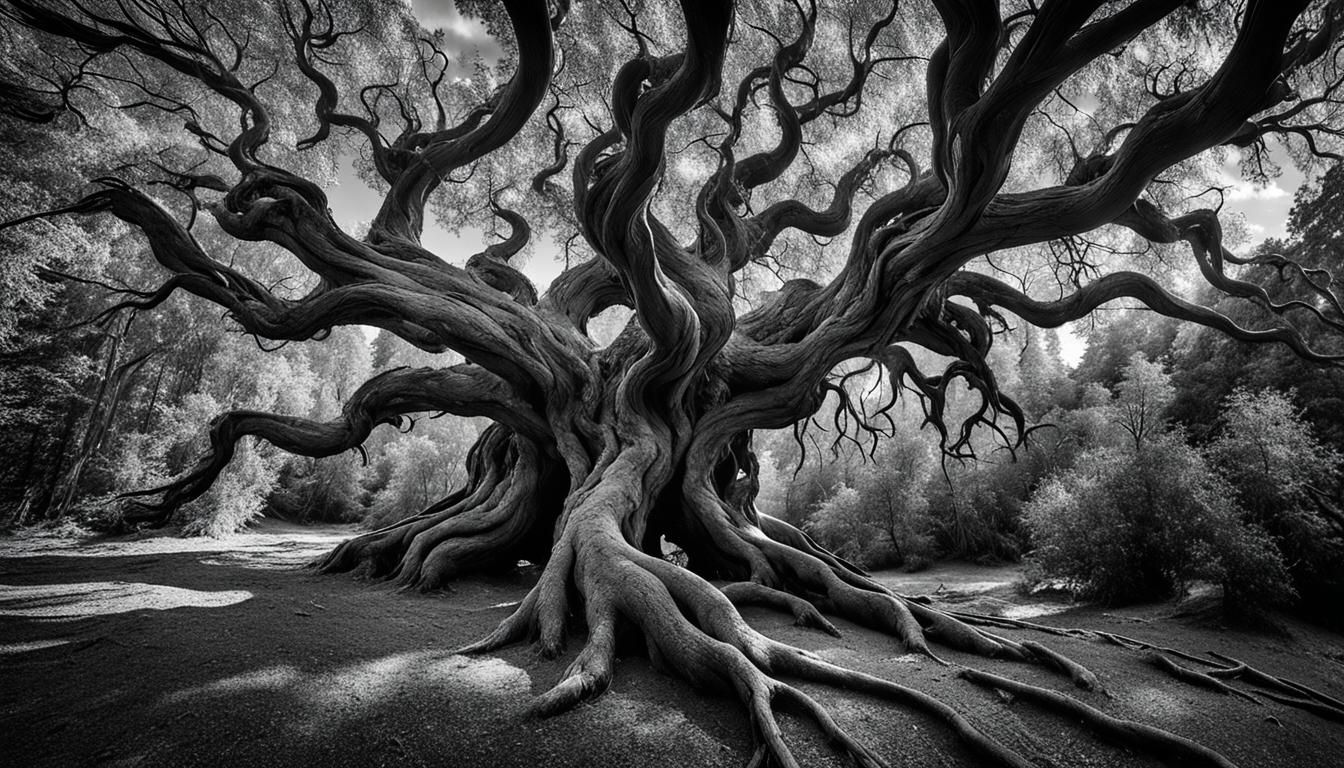 Monochrome Photo of Gnarled Tree in Forest