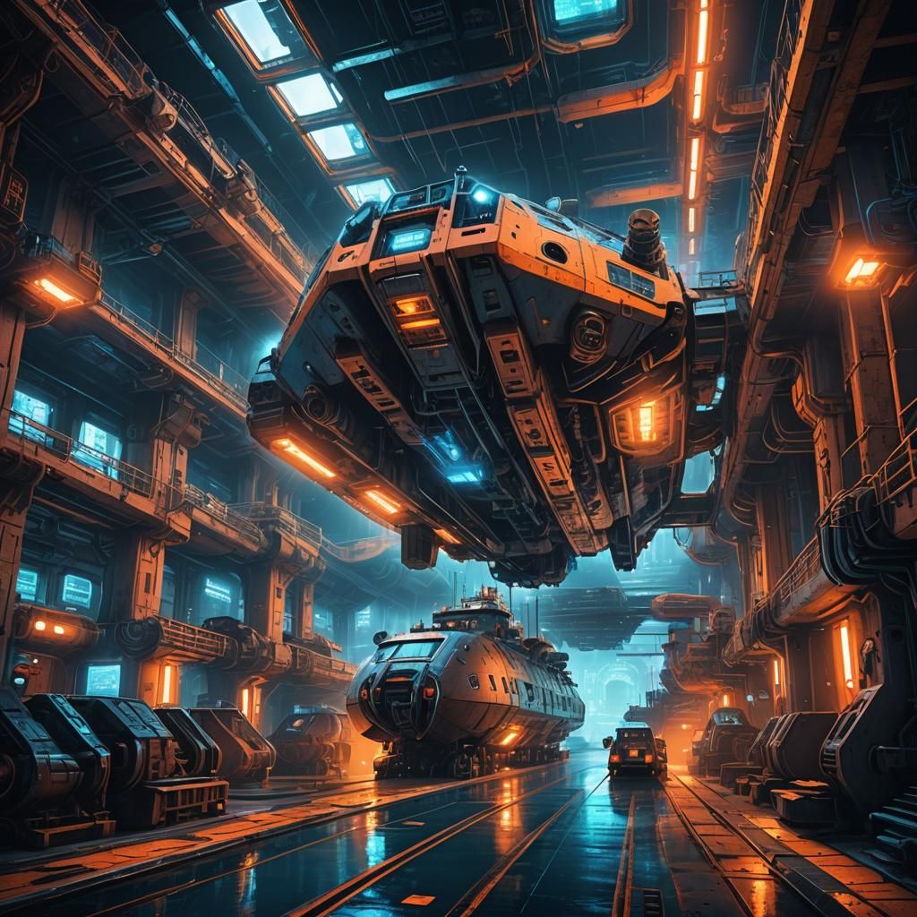 Futuristic Underground Ship Dock with Neon Lights