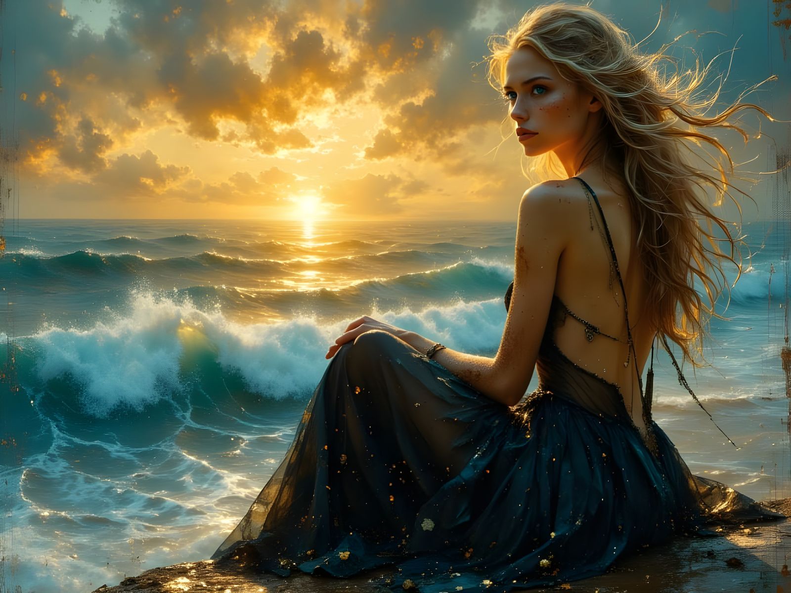 Norse Goddess Sitting on Pier at Sunset