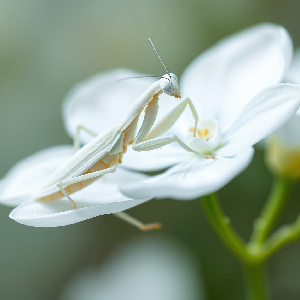 Close up view of a large totally white fantasy praying manti...