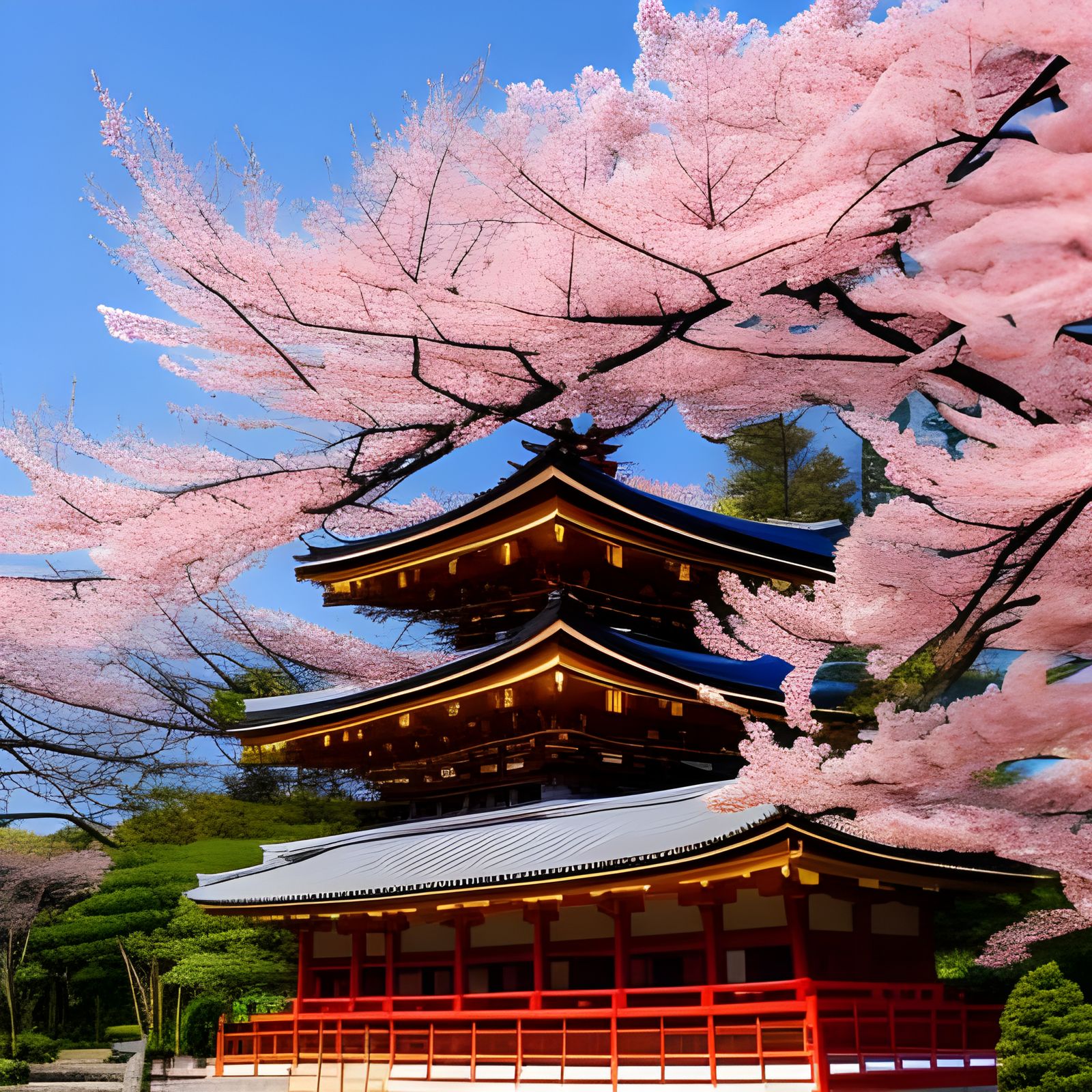 Japanese Pagoda in Cherry Blossoms, Aerial View