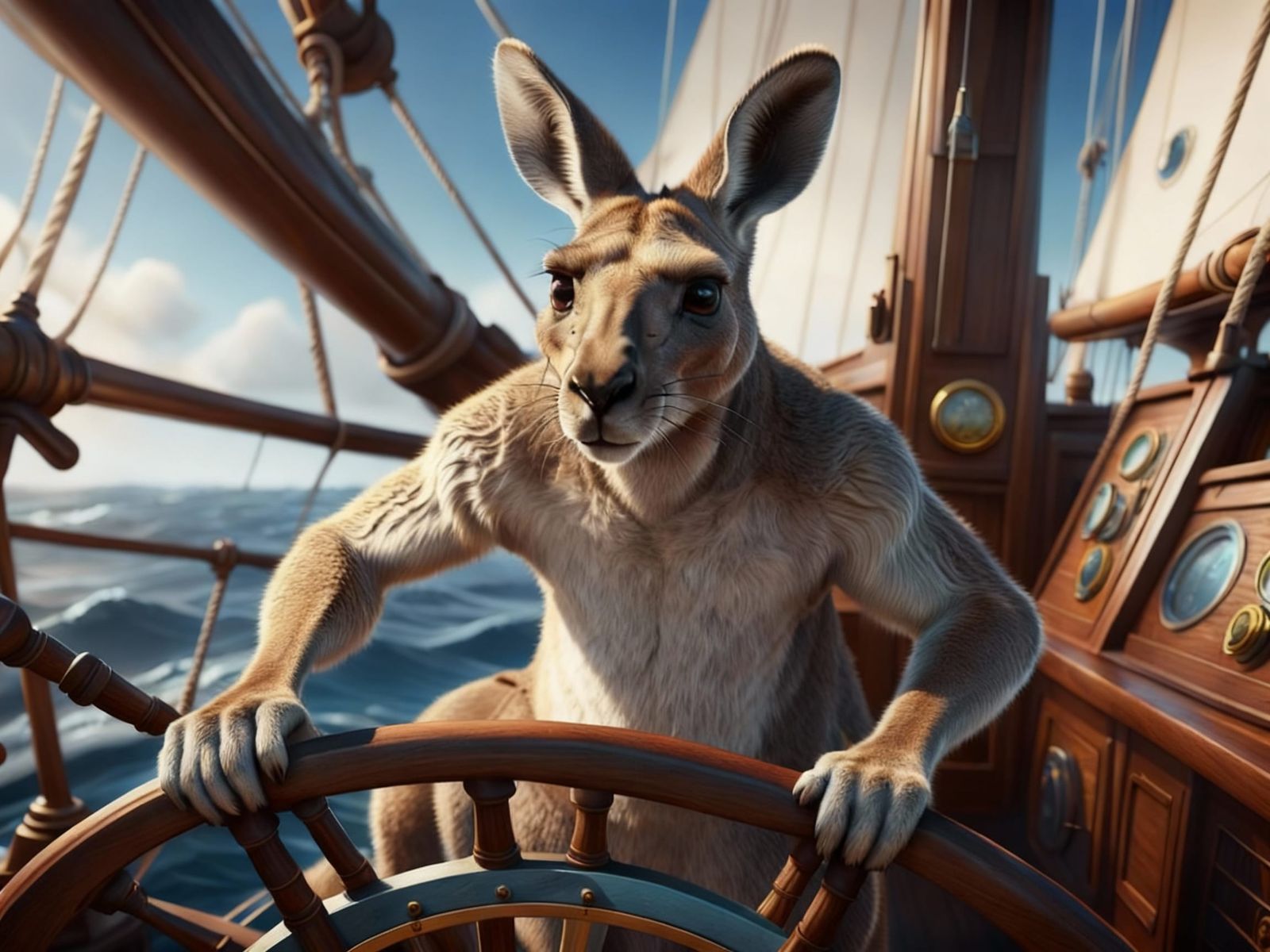 Kangaroo Steers a Sailing Vessel: Hyperrealistic Splash Art