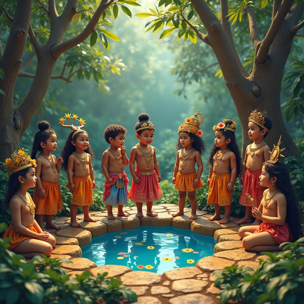 Harmonious Gathering of Child Deities in Colorful Forest
