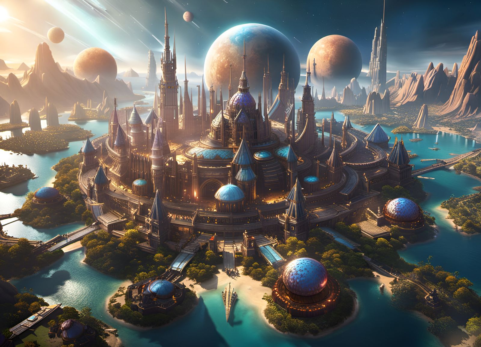 Cosmic Island City Amidst a Thousand Moons