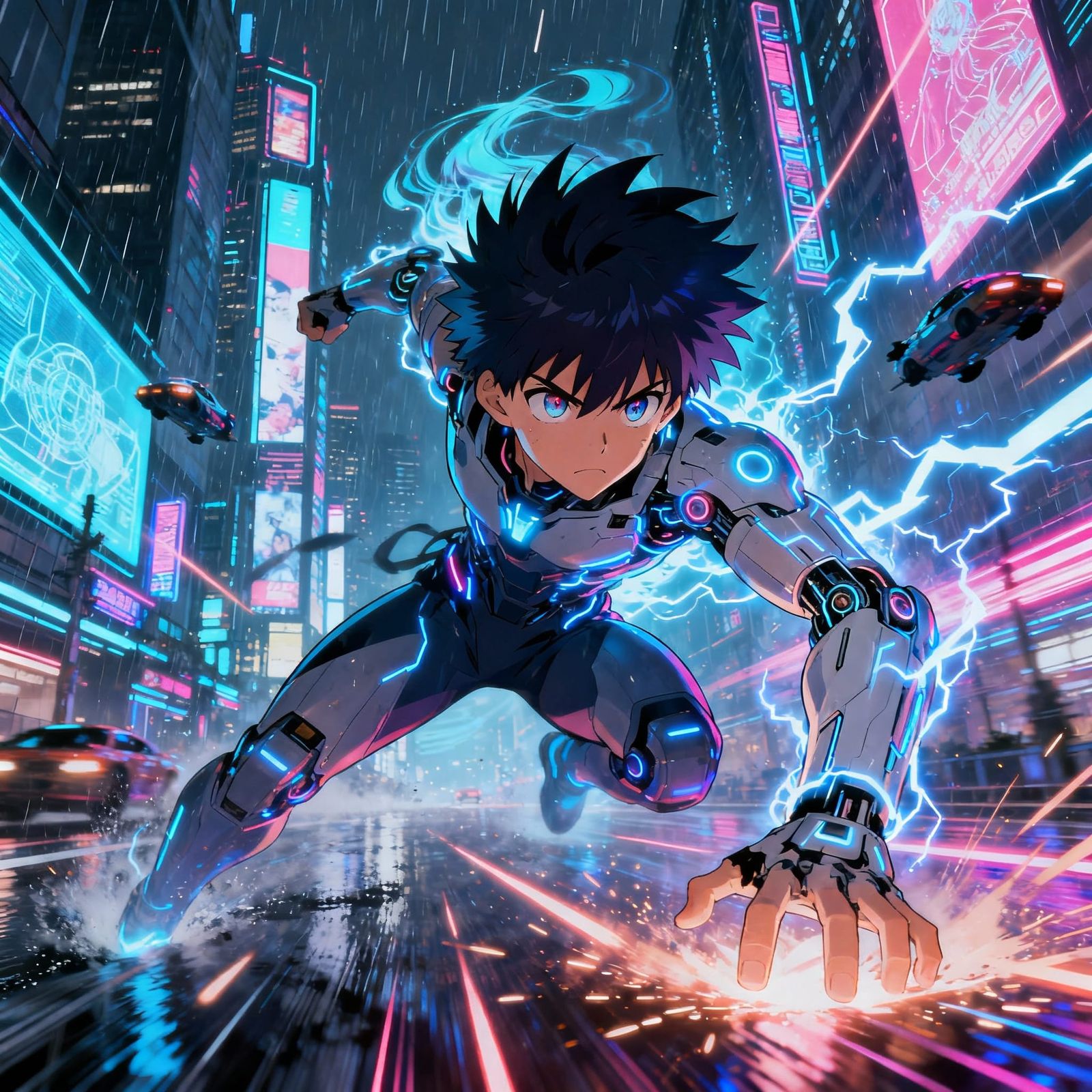 Anime Character Unleashing Powers in Cyberpunk City